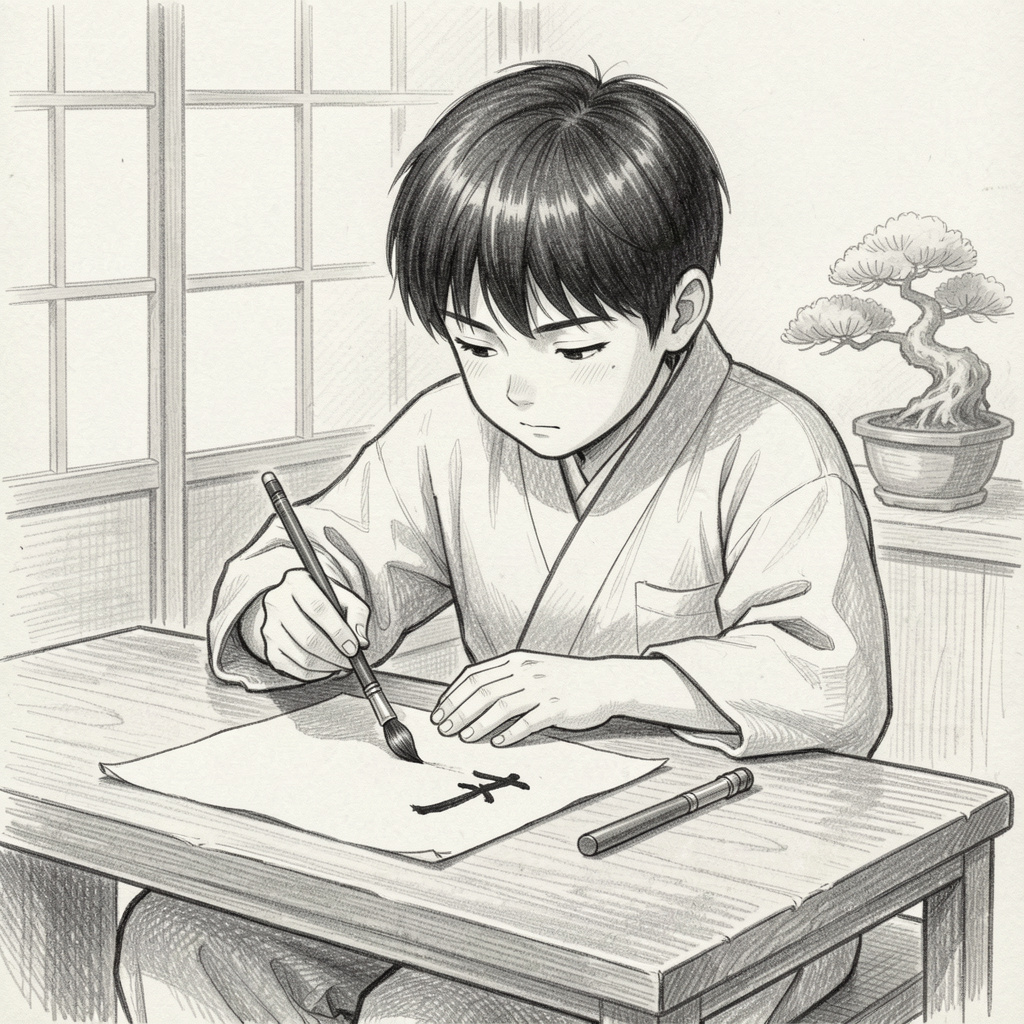 Create a hand-drawn black and white pencil sketch that captures the essence of a Japanese boy practicing calligraphy. The scene features the boy seated at a traditional wooden table, deeply focused on his work, with a sheet of paper in front of him. The paper displays his last brush stroke extending slightly beyond the intended line, symbolizing the concept of “a little more” or “poco.”

Emphasize a calm and reflective mood with soft, diffused lighting that creates gentle shadows, enhancing the texture of the graphite pencil strokes. The composition should evoke a traditional Japanese atmosphere, incorporating minimalistic decor in the background, such as the faint outline of shoji screens or a distant bonsai tree.

Ensure the line work is intricately detailed with varied shading to convey depth and emotion, while strictly avoiding any kanji symbols or invented characters. The final illustration should narrate a story through imagery alone, focusing on the boy's intense concentration and the subtle message of striving for perfection.