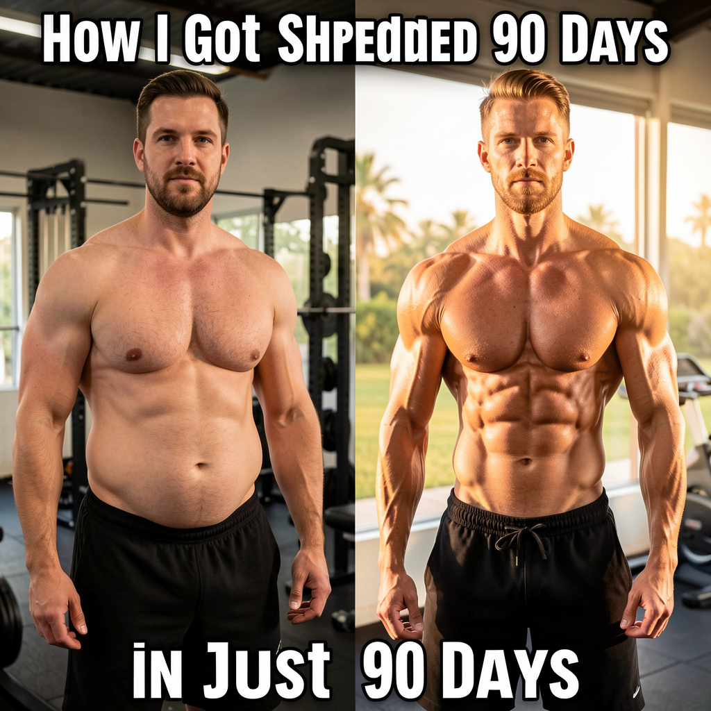 Create a photorealistic split-image depicting a fitness transformation for an online course titled “How I Got Shredded in Just 90 Days.” On the left side, illustrate a man with noticeable body fat, featuring a soft belly and minimal muscle definition, embodying a natural and average appearance. On the right side, portray the same man, now lean, shredded, and visibly muscular after 90 days of dedicated bodyweight training, ensuring the muscles are realistic and proportionate. Maintain consistency in the man's facial features, pose, and lighting to emulate an authentic before-and-after photo. Set this transformation within a realistic gym, home workout area, or an outdoor environment, all bathed in warm, natural lighting that enhances the scene. At the top or bottom of the image, integrate the course title in a bold, modern font that captures attention and adds a motivational touch. Emphasize a dramatic yet credible style that inspires viewers, focusing on sharp details and high-quality resolution.