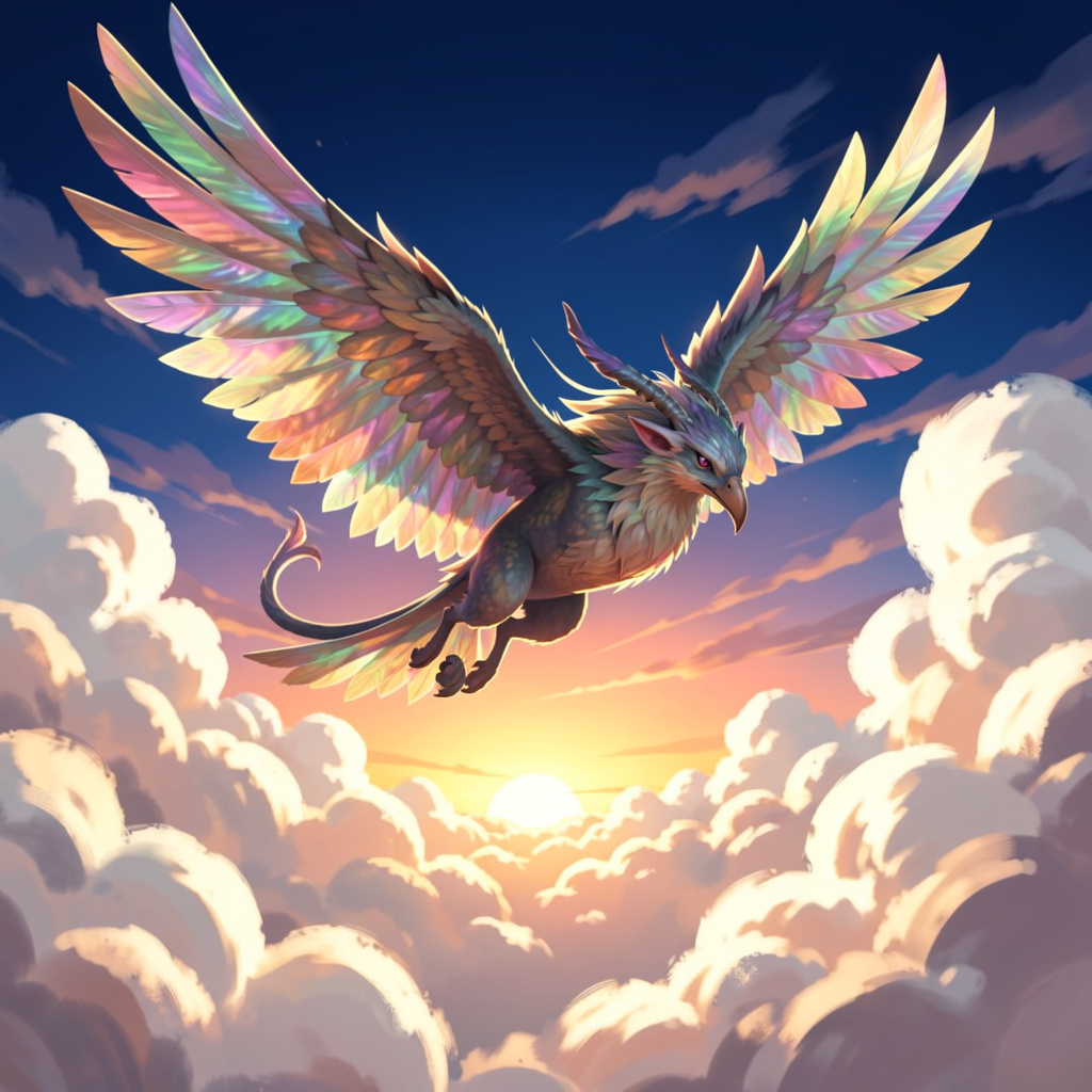 A fantastical creature soaring gracefully through a vibrant sky, its iridescent wings catching the sunlight, casting intricate shadows below. The background features fluffy, white clouds illuminated by the warm glow of a setting sun, creating a stunning contrast with the deep blue and orange hues of the sky. The creature is depicted in mid-flight, showcasing detailed textures in its feathers and a dynamic pose that conveys movement and freedom. The overall composition is lively and enchanting, emphasizing the beauty of flight in a magical atmosphere.