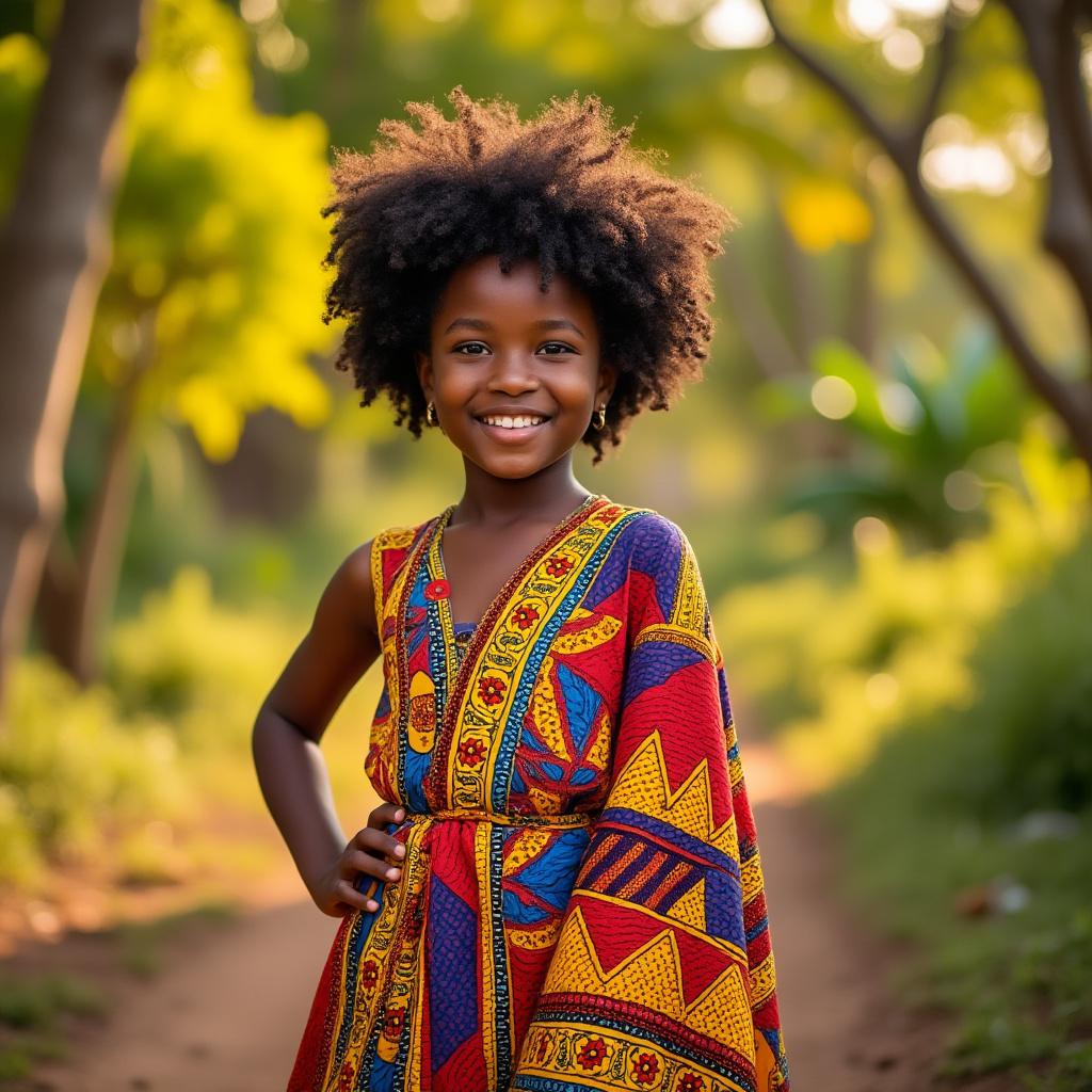 A proud African girl, approximately 8 years old, stands confidently in a vibrant, colorful outfit that showcases traditional patterns and textures. She poses with a joyful expression, her hair styled in natural Afro curls. The scene is bathed in warm, golden light, enhancing the vivid colors of her attire and creating a welcoming atmosphere. The background features softly blurred elements of a lush, green landscape, ensuring the focus remains on her. The overall composition is realistic and child-friendly, evoking a sense of pride and cultural richness.