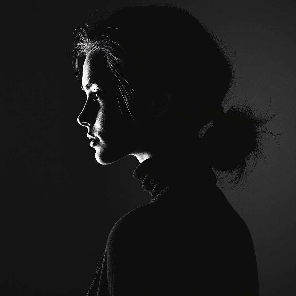 A black and white photograph featuring a profile silhouette of a girl with her hair slicked back. The composition should emphasize the contours and features of her face against a dark, moody background, creating a striking contrast. The lighting should be soft yet dramatic, highlighting the edges of her silhouette while maintaining an overall atmospheric and mysterious quality. Aim for a high-resolution, artistic style that captures the essence of minimalism and elegance.