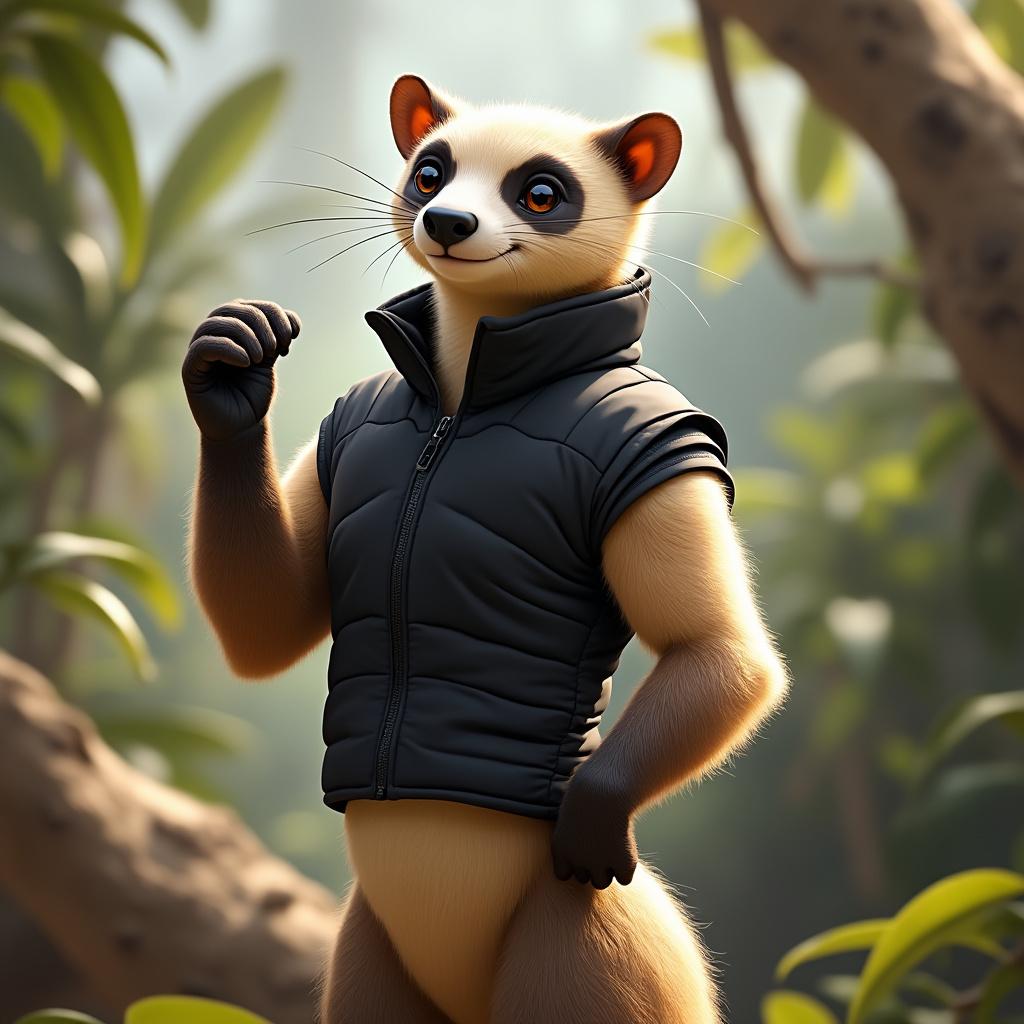 Create a highly detailed illustration of a tamandua (anteater) resembling the one in the reference image, standing upright with its front paw raised in a playful gesture. The tamandua should be wearing a sleek black vest that fits snugly against its body, emphasizing its unique form. Use soft, diffused lighting to create a warm and inviting atmosphere, highlighting the textures of the tamandua's fur and the fabric of the vest. The background should be a soft-focus natural setting to complement the subject, enhancing the overall composition. Aim for a high-resolution, vibrant color palette that adds depth and realism to the scene.