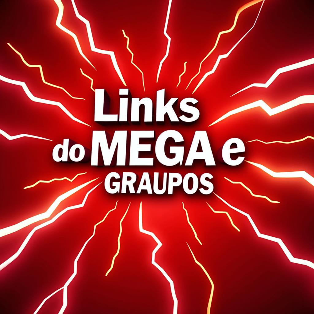 Create a striking image featuring a vibrant red background that conveys energy and urgency. Overlay the background with bold, dynamic lightning bolts, artistically arranged to draw attention. In the center, incorporate the text "Links do Mega e Grupos" using a modern, eye-catching font that contrasts sharply with the red backdrop. Ensure the text is illuminated, with a slight glow effect to enhance visibility and impact. Aim for a high-resolution, digital art style that balances simplicity with boldness, resulting in a visually captivating composition.