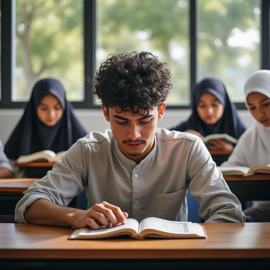 Create a classroom scene featuring a male student sitting at a desk with a bored expression. Surround him with three female students in hijabs, also seated, deeply engaged in reading from an open Quran. Emphasize natural lighting filtering through classroom windows, casting soft shadows. The composition should highlight the contrast between the male student's disinterest and the focused engagement of the girls. Utilize a realistic style with vibrant colors and detailed textures to enhance the classroom environment, ensuring a high-quality, immersive image.