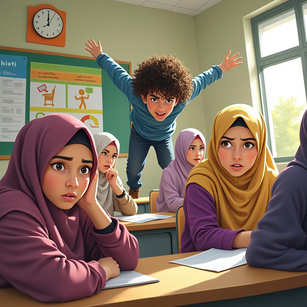 Create an image of a curly-haired male student stealthily sneaking out of a classroom, with an expression of mischief on his face. In the foreground, depict three female students wearing hijabs, displaying a look of confusion and surprise as they notice his departure. The classroom should be filled with colorful educational posters and desks, with soft, natural lighting streaming through a window, casting gentle shadows. Use a realistic, vibrant style to capture the emotions and dynamics of the scene, ensuring a high level of detail and clarity.