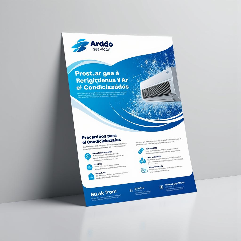 Create a modern and professional advertising poster for a refrigeration and air conditioning company named "Ardão-serviços." The design should convey trust, technology, and freshness, utilizing a color palette of blue, white, and metallic gray, inspired by coolness and pure air. 
Incorporate the company logo, featuring an abstract symbol of wind and a snowflake. The text should read: “Ardão-serviços – Frio e Climatização.” Organize the content into two well-structured sections with smooth borders, discreet icons, and clean, modern typography (such as Montserrat, Poppins, or Lato).
**Section 1: "Preçário para Ar Condicionados"**
- Manutenção corretiva – 7.000 Kz
- Manutenção e gás R22 – 15.000 Kz
- Manutenção e gás R410 – 20.000 Kz
- Montagem nova – 20.000 Kz
- Montagem