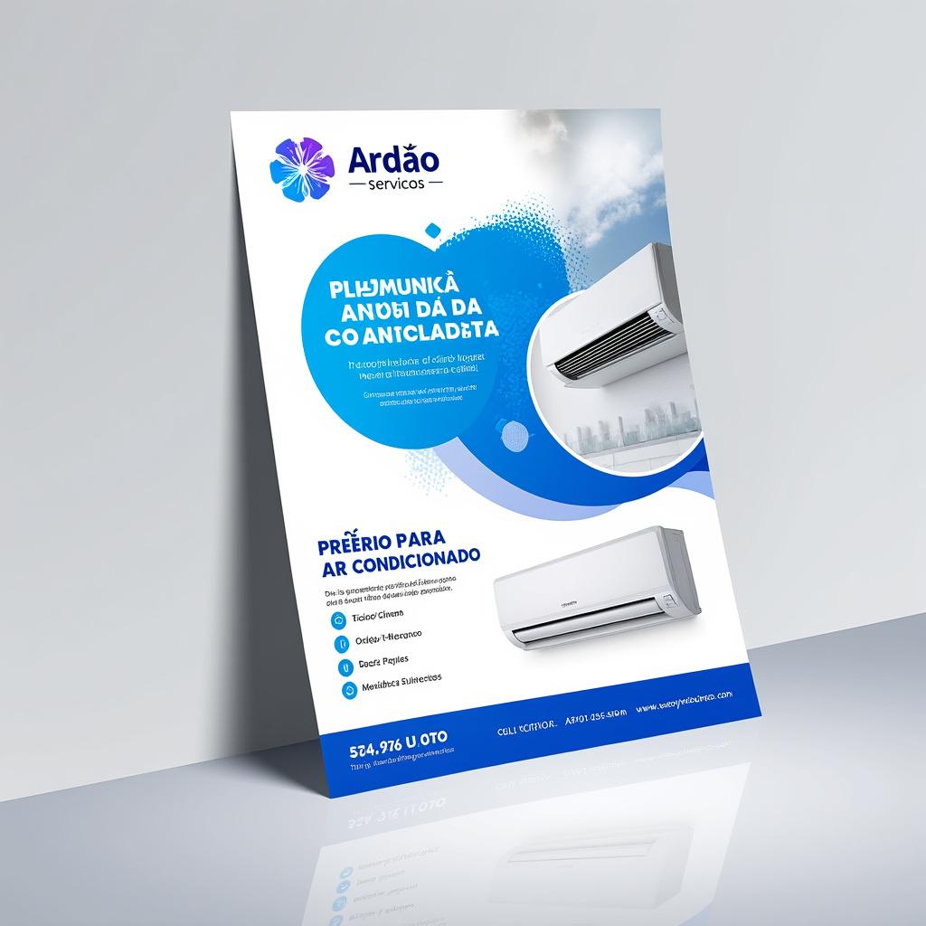 Create a modern and professional advertising poster for a service company named “Ardão-serviços – Frio e Climatização.” The design should embody a clean, technical, and corporate style, utilizing a color palette of blue, white, and light gray, evoking themes of cold, fresh air, and advanced technology.
In the top left corner, incorporate the company logo, which is an abstract round symbol in blue and purple, combining a stylized snowflake with swirling air patterns. Next to or below the logo, display the name “Ardão-serviços” and the subtitle “Frio e climatização” in modern, sans-serif typography.
In the upper right corner, feature a realistic image of a modern air conditioner installed on a white wall, viewed from a diagonal angle.
In the lower left section, add a rounded translucent white box with the bold title “PREÇÁRIO PARA AR CONDICIONADOS” in uppercase. Inside this box, organize a neatly aligned list of