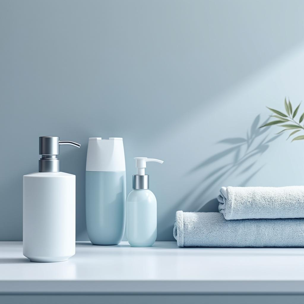Create a hyper-realistic cinematic close-up of contemporary hygiene products, featuring a sleek soap dispenser, a stylish hand sanitizer, and neatly folded towels, all arranged on a pristine white countertop. The background should be a soft neutral light gray, complemented by cool lighting that introduces a subtle blue hue. Emphasize a minimalistic design aesthetic with a shallow depth of field, ensuring ultra-detailed textures and reflections are captured. Aim for a visually striking composition in 4K resolution, highlighting the elegance and functionality of modern hygiene essentials.
