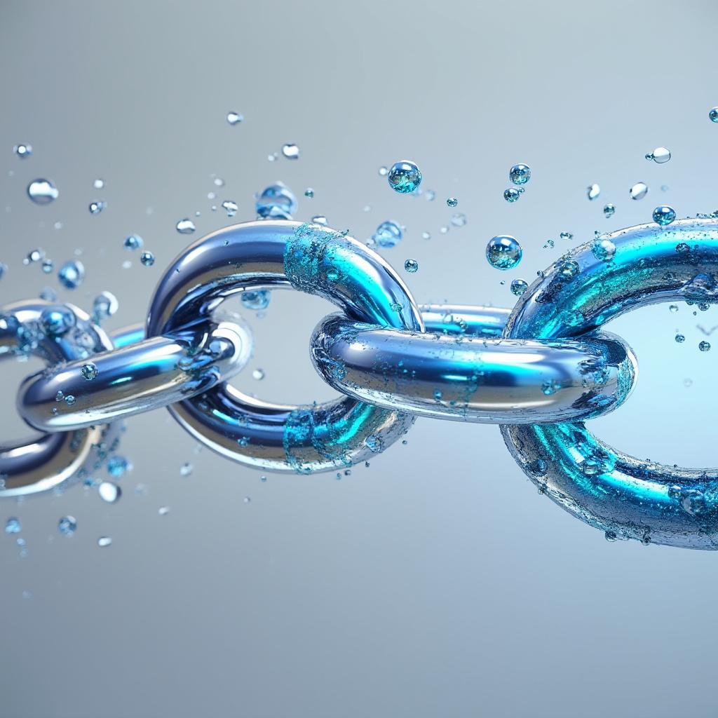 Create a cinematic macro rendering of polymer chains dynamically morphing through time. Showcase a striking transformation from a metallic solid texture to fluid, transparent molecules featuring glowing azure reflections. Set against a light gray background with a smooth gradient, ensure realistic depth of field and ultra-detailed elements. The final image should be rendered in 4K quality, emphasizing the intricate details and fluidity of the materials.