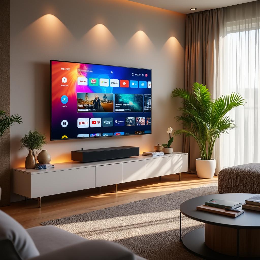 A modern living room scene featuring a sleek IPTV television connected to a stylish entertainment system. The TV screen displays vibrant streaming content, showcasing a colorful interface. Soft, ambient lighting enhances the cozy atmosphere, while natural sunlight filters through sheer curtains, casting gentle shadows. The composition includes contemporary furniture, such as a plush sofa and a minimalist coffee table, with decorative elements like plants and books. The overall style is modern and inviting, with high-quality detail and a warm color palette.