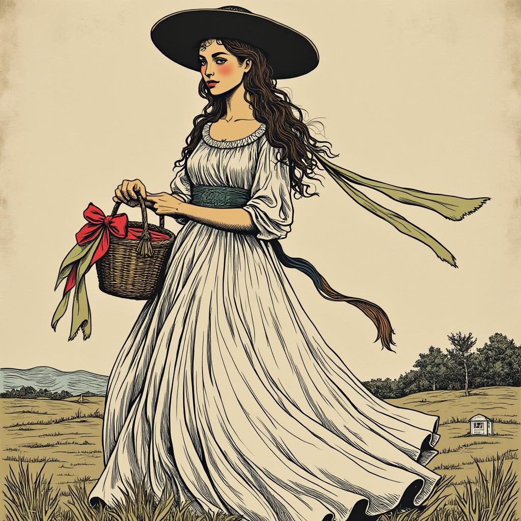 A detailed woodcut-style illustration of a gypsy woman wearing a flowing white skirt. She holds a small basket adorned with colorful ribbon bows in her hands. The composition should emphasize her graceful pose and the intricate patterns of her skirt, with soft, diffused lighting to create a gentle atmosphere. The background can feature a hint of a rustic landscape, enhancing the artistic depth. The overall style should reflect traditional woodblock printing techniques, showcasing rich textures and bold contrasts for a striking visual impact.