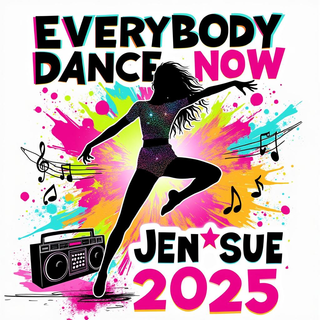 Create a vibrant and dynamic illustration featuring a happy female teen dancer silhouette, perfectly proportioned and demonstrating exceptional dance technique in mid-leap. She wears a multicolored costume that appears to be crafted from splashing paint and sparkling sequins, capturing the essence of movement. The silhouette is positioned prominently in the center, with arms gracefully extended and one leg kicked high, conveying energy and joy. 

The background should explode with fluorescent splashes of electric pink, neon green, bright orange, and electric blue, interspersed with floating musical notes, stage lights, and motion lines radiating outward, enhancing the sense of rhythm. In the lower corner, include an old-school boombox, detailed with retro styling and glowing buttons to evoke nostalgia. 

Bold artistic text should read "EVERYBODY DANCE NOW" in dynamic, rhythmic lettering across the top, while "JEN*SUE DANCERS 2025" is displayed in stylish, bold complementary typography below the dancer. Incorporate additional