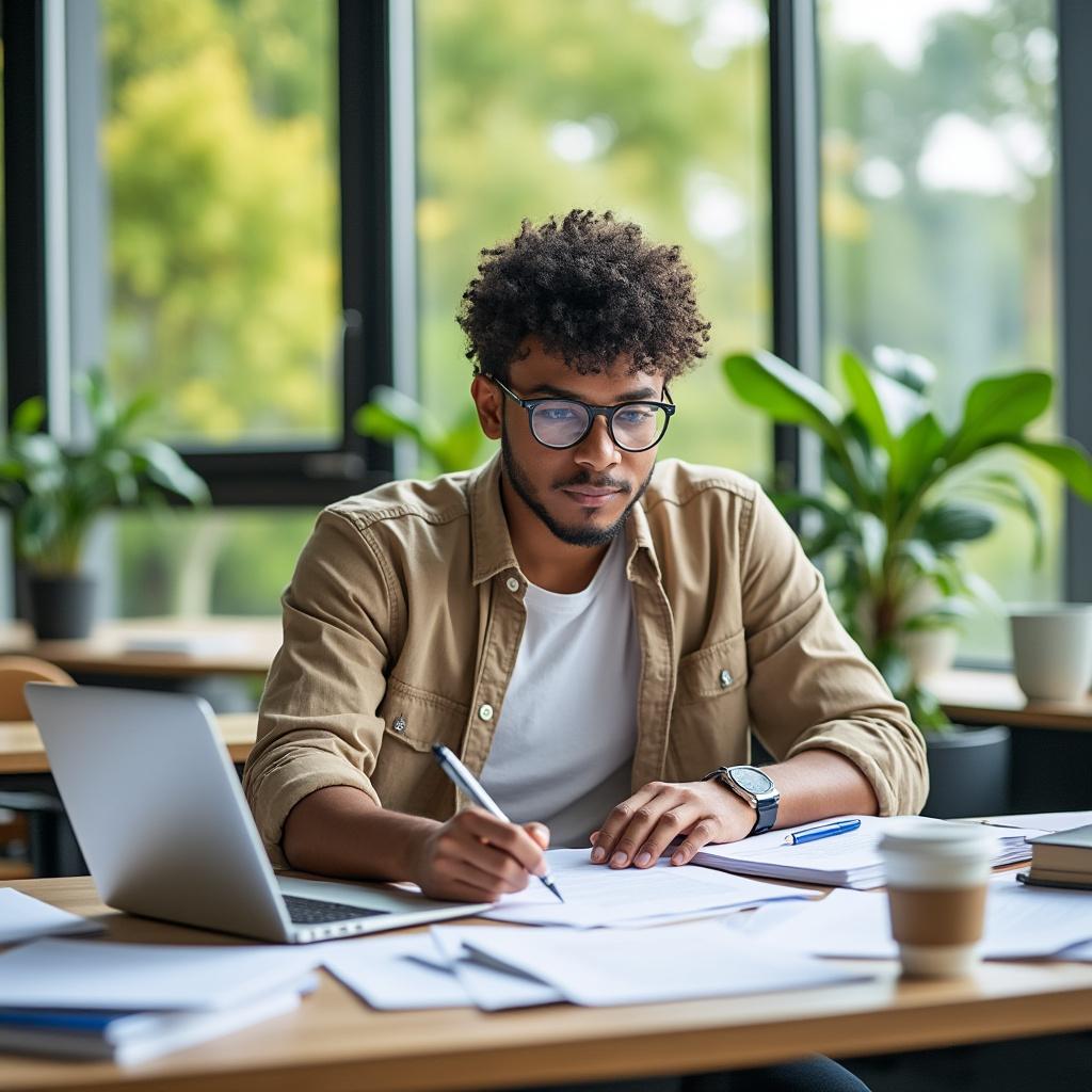 A university student sitting at a modern campus desk, focused on filling out an application for campus facilities. The scene captures a bright and airy environment, with large windows allowing natural sunlight to stream in, highlighting the student’s concentration. The composition includes a laptop, scattered papers, and a coffee cup, with greenery visible outside the window. The style is realistic and vibrant, emphasizing the warmth of the campus atmosphere, with a depth of field that softly blurs the background while keeping the student in sharp focus.