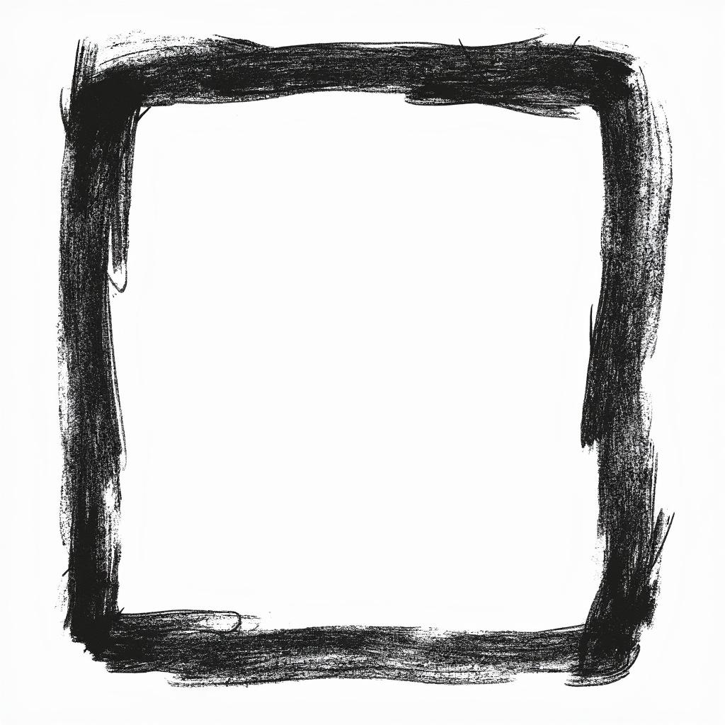 Create a hand-drawn square frame designed for an Instagram post, featuring a black crayon texture on a transparent background. The frame should exhibit a handmade, imperfect aesthetic, characterized by slightly uneven and organic lines that evoke a natural, artisanal quality. Ensure that each line and side of the frame maintains a maximum thickness of 2 millimeters, showcasing the crayon's texture with soft, irregular edges. The composition should be centered and adhere to a 1:1 aspect ratio, emphasizing the authenticity of the hand-drawn style. Aim for a high-resolution output that captures the tactile feel of the crayon while maintaining clarity and visual appeal.