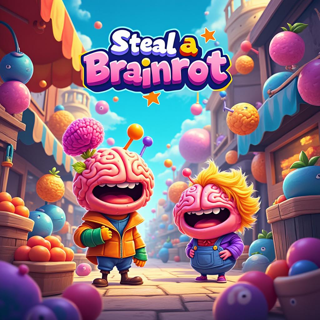 Create a vibrant and eye-catching promotional image for a fictional game called "Steal a Brainrot" featuring whimsical, cartoonish brain creatures known as "brainrots." Depict a colorful marketplace bustling with animated characters, each showcasing their unique brainrot. Use bright, saturated colors to convey a playful atmosphere, with dynamic lighting that highlights the characters and their quirky features. Incorporate elements of fantasy and humor, ensuring a lively composition that draws the viewer's attention. Aim for a high-quality, polished illustration style, reminiscent of modern video game art.