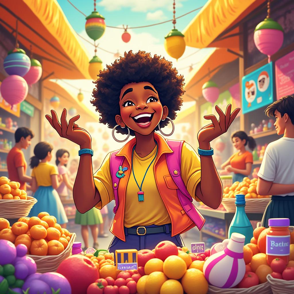Create a vibrant, whimsical illustration of a cheerful character named "Tralaleiro Tralal," who is joyfully engaging in a sales activity. The character should have a playful demeanor, with bright, colorful clothing that reflects a fun, lively personality. The background should depict a bustling marketplace filled with various goods, enhancing the theme of sales. Use warm, soft lighting to create an inviting atmosphere, and include dynamic elements like animated shoppers and colorful stalls. The composition should be lively and engaging, with a focus on Tralaleiro Tralal at the forefront, showcasing a sense of excitement and energy in the scene. Aim for a cartoonish style with bold outlines and saturated colors to make the image pop.