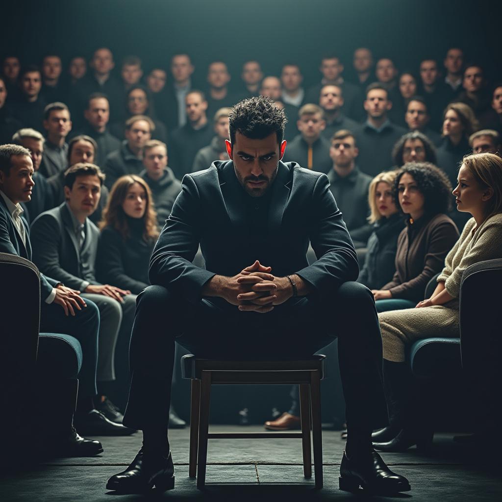 A central figure seated in a chair, exuding a defiant expression, surrounded by thirty individuals also seated in chairs, arranged in a perfect circle. The scene is illuminated by soft, ambient lighting, creating a dramatic contrast between the central figure and the spectators. The composition emphasizes the tension and focus on the central character, with the audience's gaze directed intently towards them. The setting is designed in a modern, minimalist style, with a subtle color palette that enhances the mood of challenge and confrontation, capturing the intricate details of expressions and postures. High resolution for clarity and depth.
