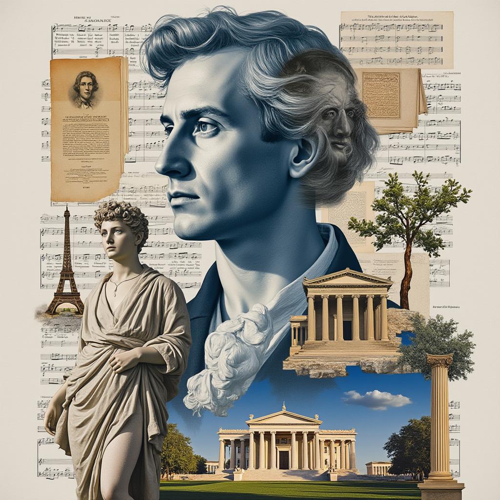 Create a symbolic collage representing the artistic and cultural movement of Neoclassicism. At the center, feature a transparent portrait of a serious and elegant thinker or enlightened artist. Within the portrait, intricately incorporate elements that reflect the historical context of the 18th century, such as grand palaces, Doric columns, Greek temples, classical sculptures, sheet music, and ancient books. Surround this central figure with symbols of the Enlightenment, rationalism, and order, alongside imagery of significant architectural works like the Panthéon in Paris and paintings inspired by antiquity, reminiscent of Jacques-Louis David's scenes or Canova's sculptures. Utilize a color palette dominated by blues, grays, and whites, ensuring a balanced composition that embodies an academic artistic style. Capture the essence with soft, diffused lighting to enhance the elegance and historical depth of the scene.