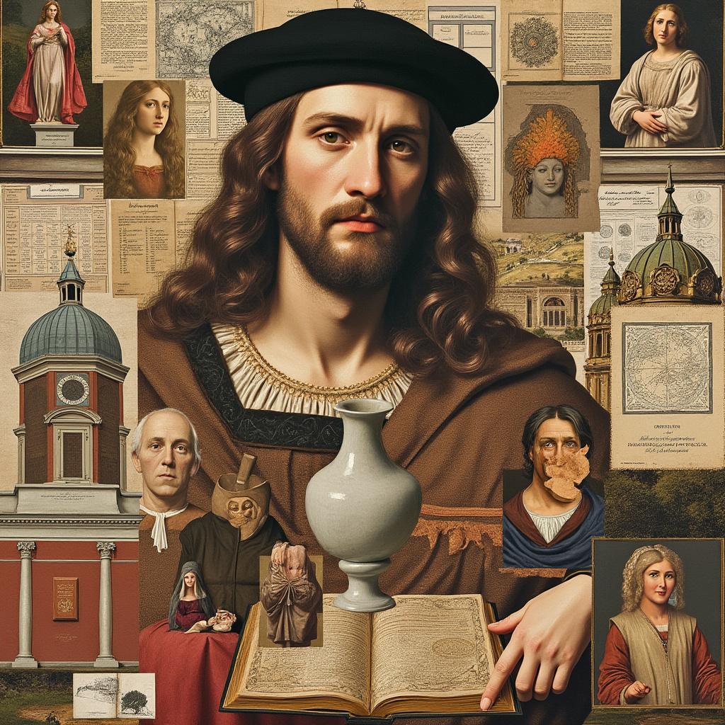 Create a symbolic collage representing the European Renaissance, featuring a transparent portrait at the center of a 15th-16th century artist or scholar, inspired by Leonardo da Vinci or Michelangelo. Surround the portrait with rich humanist symbols and the revolutionary spirit of thought. Within the portrait, seamlessly integrate iconic artworks such as 'La Gioconda', 'El David', and 'La Creación de Adán', alongside architectural domes, ancient manuscripts, anatomical sketches, and classic books. Frame the scene with historical context elements like the invention of the printing press, scientific discoveries, compasses, maps, astrolabes, and portraits of patrons. Use a warm color palette dominated by ochres, golds, and terracotta, enhanced by soft chiaroscuro lighting to create a harmonious and evocative atmosphere. Aim for a high-quality, intricate composition that captures the essence of the Renaissance.