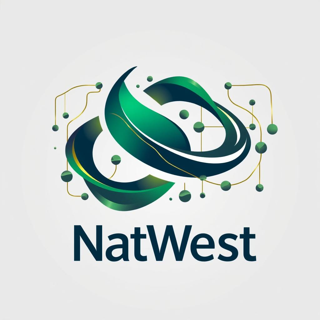 Create a sleek and modern logo representing a change delivery team in technology, specifically aligned with trading in NatWest Markets. The design should incorporate elements symbolizing innovation and finance, such as abstract shapes representing technology and dynamic lines indicating trading flow. Use a color palette that reflects professionalism and trust, with deep greens and blues, complemented by metallic accents. The composition should be clean and balanced, with a contemporary font for any text, ensuring high resolution and clarity for versatility in various applications.