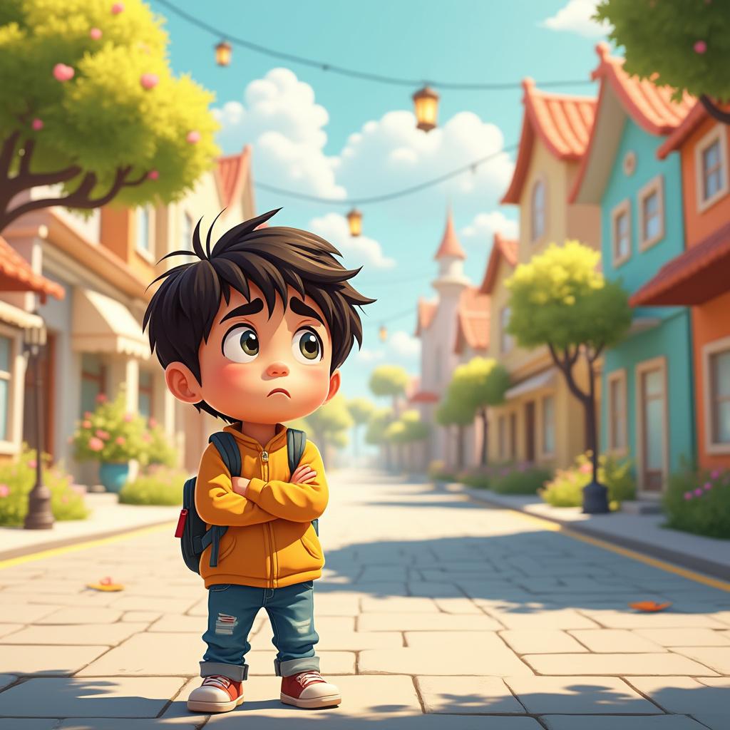 A concerned young boy with a worried expression is looking around anxiously in a large, empty street. The scene is brightly lit, evoking a sense of innocence and vulnerability, with soft, pastel colors that enhance the cute, child-like style. The background features whimsical, cartoonish buildings and trees, adding to the overall charming atmosphere. The composition focuses on the boy in the foreground, capturing his emotions vividly, while the street recedes into the distance, emphasizing his feelings of being lost and scared. The image should convey a warm yet slightly tense ambiance, characteristic of a delightful children's illustration.