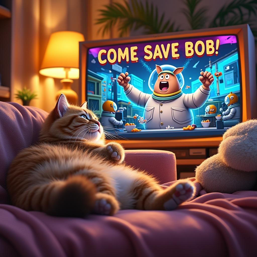 Create a series of vibrant, dynamic scenes depicting a whimsical narrative focused on a character named Meowcatmandude. 
**Scene 1 – Cozy Living Room Intro**: 
- A wide shot capturing a cozy, warmly lit living room with soft furnishings and a gentle glow from a TV screen. Meowcatmandude, a fluffy cat, is sprawled on a plush couch, belly up, exuding comfort. The TV hums softly in the background.
- A close-up of the TV reveals an animated scene of cats in a laboratory, adorned with tiny helmets and gadgets, showcasing a playful and curious atmosphere.
- The screen flickers to reveal a cartoonish character, Doctor Thick, dramatically shouting, "COME SAVE BOB, OR I WILL MAKE HIM MY SUPERSOLDIER!" with exaggerated expressions and vibrant colors.
- The TV suddenly falls off its stand, shattering into static, creating a moment of chaos.
- A dramatic slow zoom focuses on Meowcatmandude's