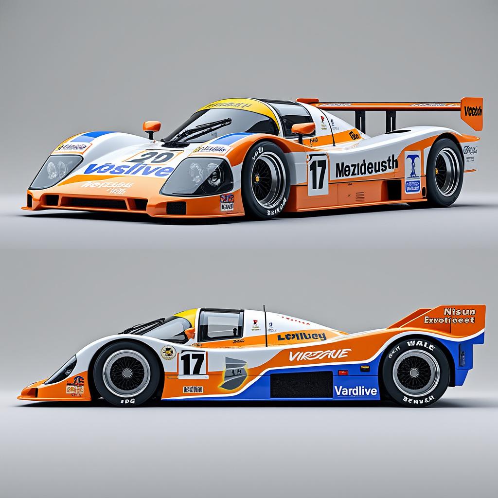 Create a high-quality, 4K render of a fictional 1990s Group C prototype race car named "Virezzo Vandette," inspired by the Mazda 787B and Nissan R92CP. The car should feature an aggressive aerodynamic body with a low and wide stance, complemented by a massive rear wing and pop-up headlights. Incorporate detailed racing decals and sponsor logos to enhance its racing identity. Showcase the vehicle from three perspectives: front view, rear view, and side view, against a neutral studio background. Emphasize a retro racing aesthetic with realistic lighting to highlight the sleek contours and vibrant colors of the car, ensuring a striking and dynamic presentation.