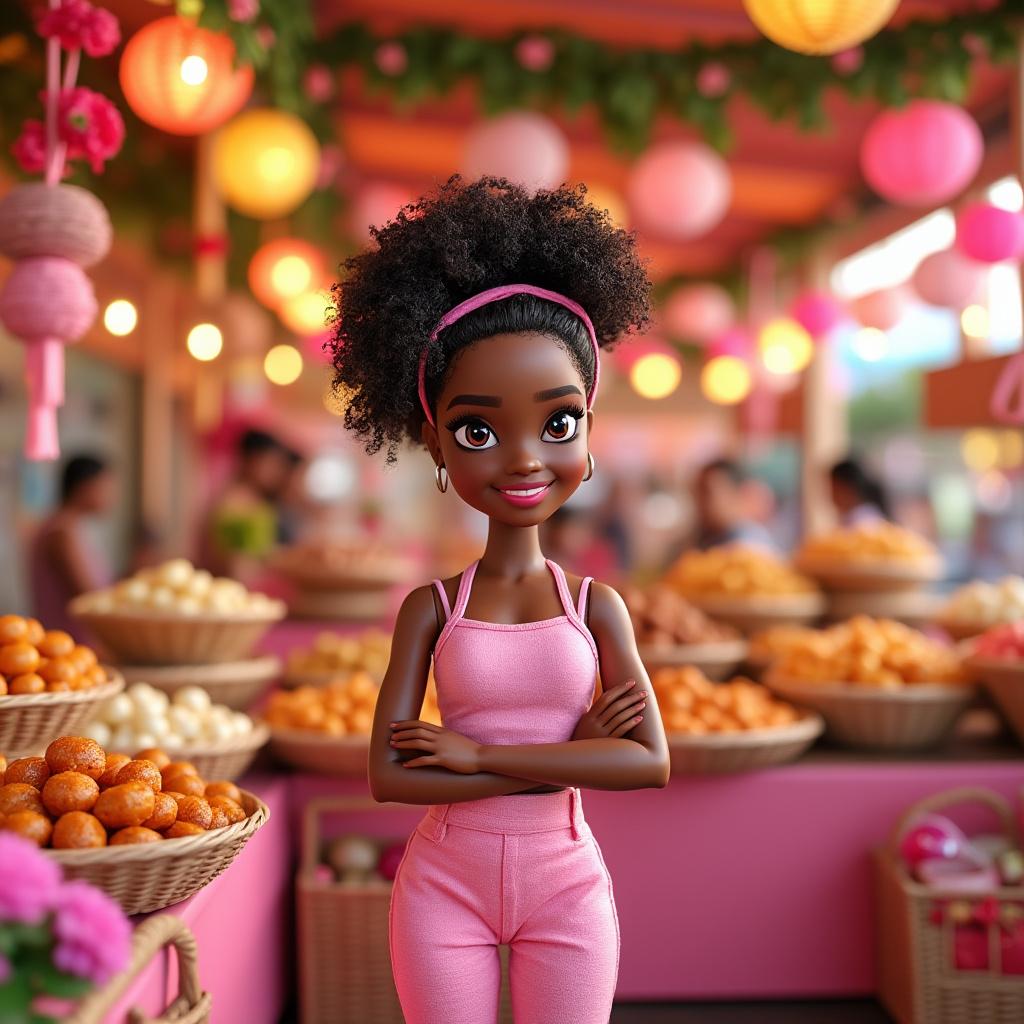 Create a vibrant and detailed image of a chocolate-colored doll resembling Gabriela from Ilhéus, dressed in a soft pink outfit, standing in a lively market scene. The doll should be depicted selling acarajé, surrounded by colorful stalls and festive decorations that reflect the spirit of Outubro Rosa. Emphasize warm, inviting lighting to enhance the atmosphere, with a focus on the doll's expressive features and the rich textures of the food. The composition should be dynamic and engaging, capturing the essence of Brazilian culture and the campaign's message of breast cancer awareness. Aim for a high-quality, realistic style with vivid colors and intricate details.