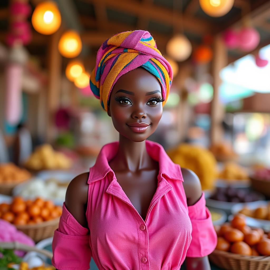 Create an image of a dark-skinned doll dressed in a vibrant pink outfit, standing at a market stall selling acarajé. The doll is wearing a colorful headscarf to signify her baldness, symbolizing strength and resilience for Breast Cancer Awareness Month. The scene is brightly lit with soft, natural lighting to evoke a warm, inviting atmosphere. The composition highlights the doll's expression of determination, with a backdrop of colorful market elements, enhancing the campaign's message. Aim for a realistic and detailed style, capturing the textures of the fabric and food, while maintaining high image quality.