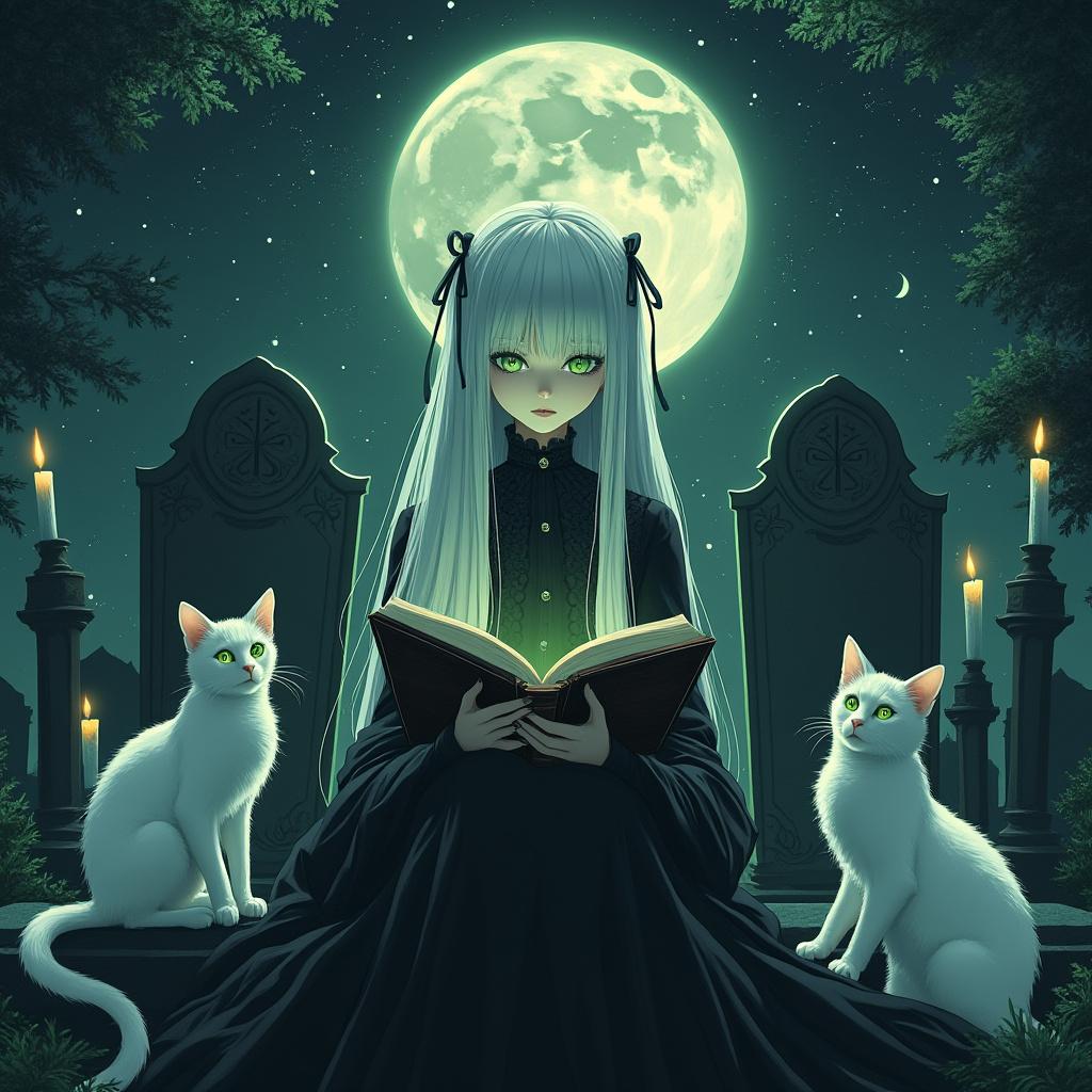 Create a lofi anime art style illustration embodying a gothic dark academia aesthetic. Feature a pale girl with long, flowing white hair tied with a black ribbon, her bright green eyes shining against delicate facial features. She wears an elegant, long black Victorian dress with flowing sleeves and a high collar. Position her seated on an ancient stone tomb, deeply engrossed in reading an ancient book illuminated by a large, glowing full moon. Surround her with three white cats, also with striking green eyes, resting on nearby tombstones. The composition includes tall gothic gravestones and flickering candles, casting soft, warm light that enhances the tranquil night atmosphere. The sky is adorned with a myriad of stars, adding to the calm, melancholic, and magical vibe. Employ soft cinematic lighting, detailed textures, and an ethereal glow throughout the scene. Aim for a masterpiece quality with ultra-detailed features, 4K resolution, soft focus, and dreamy lighting that creates atmospheric depth.