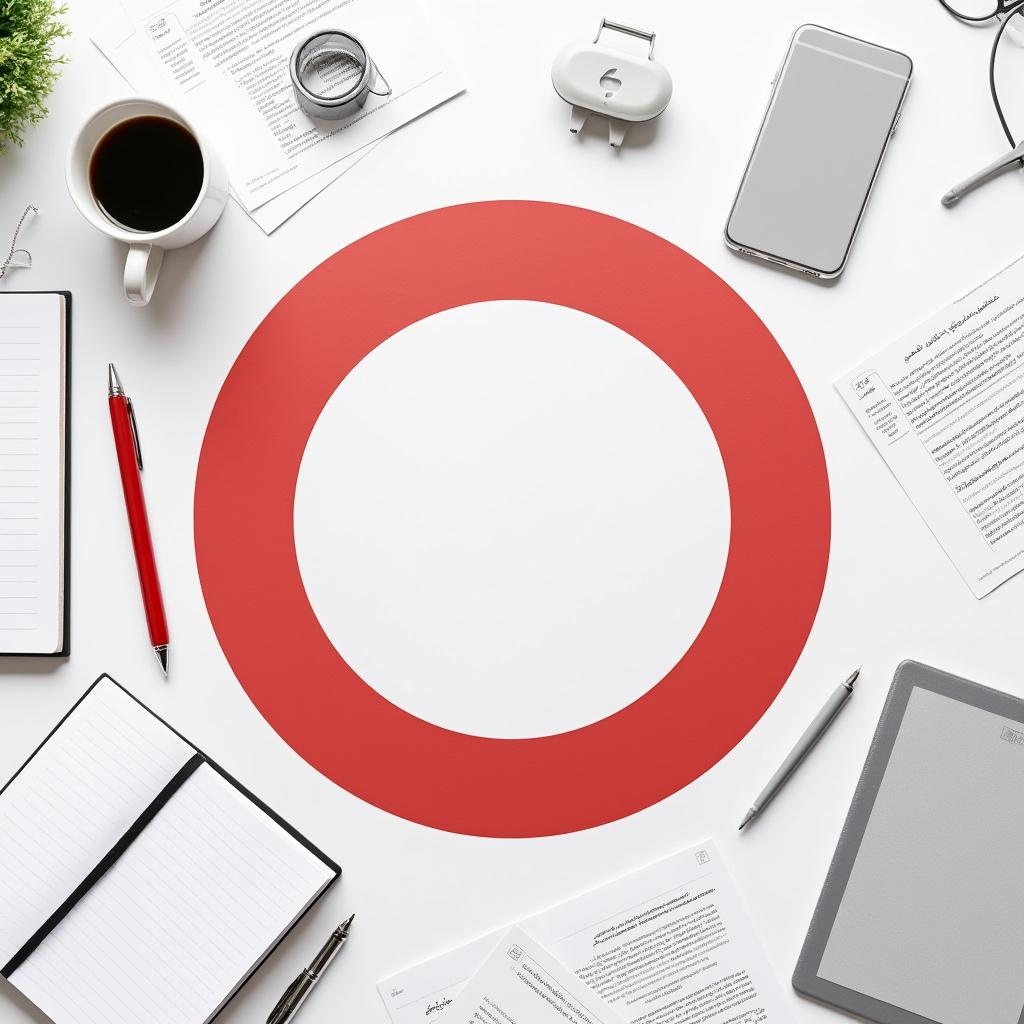 Create a minimalistic, modern business-themed composition set against a pristine white background, visually representing the concept of “circle of influence / scope.” Centrally position a flat, bold red circular outline symbolizing the “area of control,” utilizing the brand color red (#E03131). Inside this circle, artistically arrange a few essential office items — a sleek notebook, a vibrant red pen, and a stylish coffee cup — ensuring they are neatly organized for a clean aesthetic. Surrounding the circle, incorporate faded grey items such as a smartphone, tablet, and scattered documents, illustrating elements that lie “outside the scope.” Apply subtle yet effective shadows to enhance depth and realism, creating a three-dimensional feel. Use soft, professional lighting to evoke a premium ambiance suitable for an educational corporate brand visual. Additionally, leave ample empty space on one side for potential logo placement and overlay of Arabic text, maintaining a balanced and visually appealing composition.
