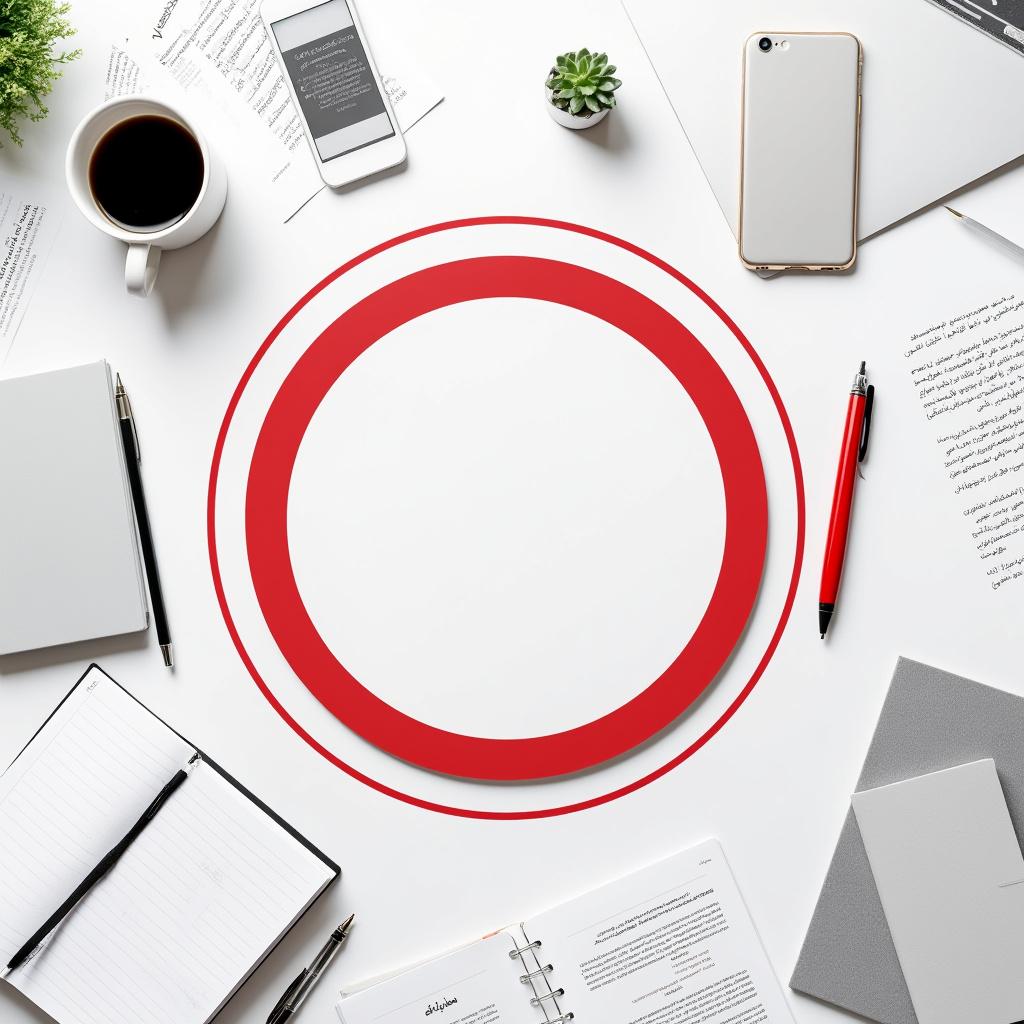 Create a minimalistic and modern business-themed composition set against a pure white background, embodying the concept of "circle of influence/scope." At the center, feature a prominent flat red circular outline symbolizing the "area of control" in a vibrant red (#E03131). Inside this circle, arrange essential office items—a sleek notebook, a bold red pen, and an elegant coffee cup—carefully positioned for visual harmony. Surrounding the circle, incorporate faded grey items such as a smartphone, tablet, and scattered documents, representing elements "outside the scope." Add subtle shadows to enhance depth and realism. Ensure the lighting is soft, professional, and premium, ideal for an educational corporate brand visual. Leave ample empty space on the left side for logo placement and Arabic text overlay, maintaining a clean and uncluttered aesthetic.