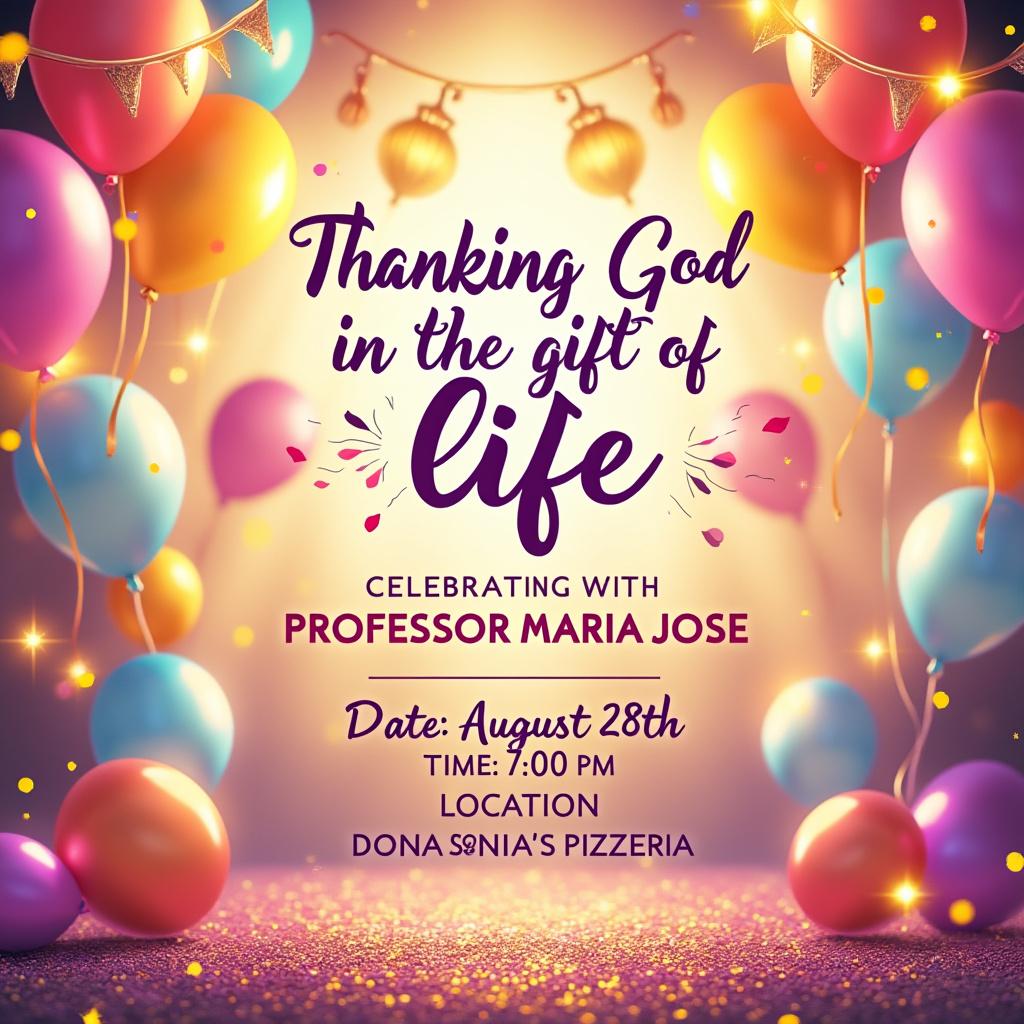 Create a vibrant and inviting birthday invitation design featuring a beautifully decorated background that reflects a festive atmosphere. Incorporate soft, warm lighting to evoke a welcoming feeling. Overlay elegant typography that reads, "Thanking God for the gift of life," prominently displayed at the top. Below this, include the details in a charming font: "Celebrating with Professor Maria José," "Date: August 28th," "Time: 7:00 PM," and "Location: Dona Sônia's Pizzeria." Add a visual element of balloons and confetti to enhance the celebratory theme. Ensure the overall composition is harmonious and visually appealing, suitable for a joyful occasion.