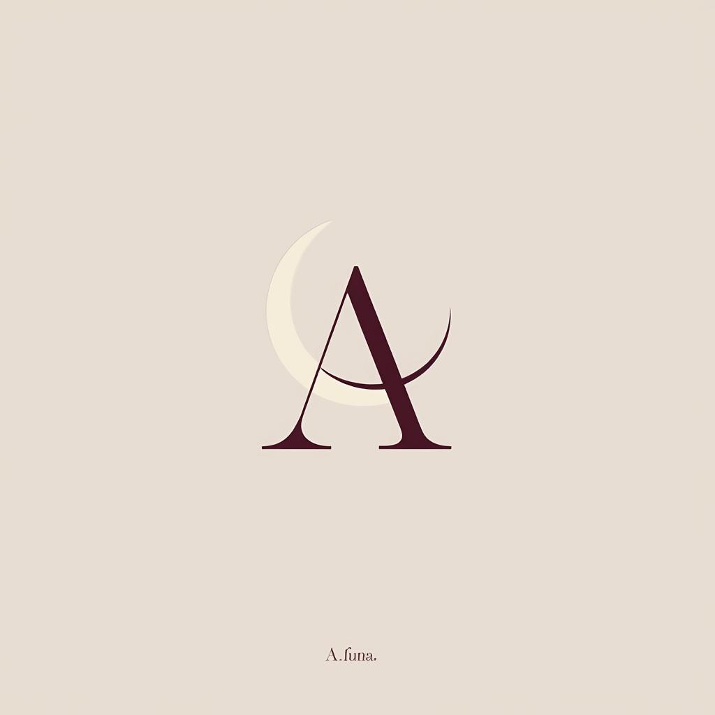 Create a minimalist logo for a candle brand named "A Luna." The design should prominently feature an elegant capital letter "A," complemented by a delicate crescent moon positioned slightly above and to the right of the letter. Utilize a soft burgundy color palette, reminiscent of a light wine tone, set against a clean beige or off-white background. Emphasize fine lines and modern typography to convey a calm and elegant aesthetic. The overall composition should evoke a sense of tranquility and sophistication, with a balanced layout that enhances the minimalist theme.