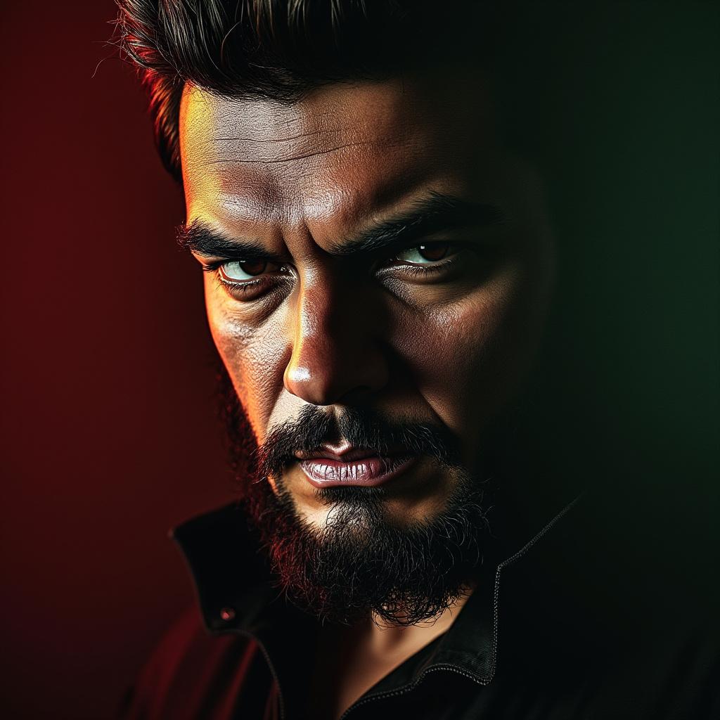 Create a striking digital portrait that seamlessly blends the iconic visage of Che Guevara with the facial features of Jair Bolsonaro. The composition should emphasize a dynamic juxtaposition of revolutionary spirit and contemporary political imagery. Use dramatic chiaroscuro lighting to enhance the depth of the faces, highlighting the contours and expressions. The background should be a subtle gradient, shifting from deep red to dark green, evoking a sense of tension and emotion. Aim for a high-resolution, photorealistic style that captures intricate details in the skin textures, facial hair, and eyes, ensuring a powerful visual impact.
