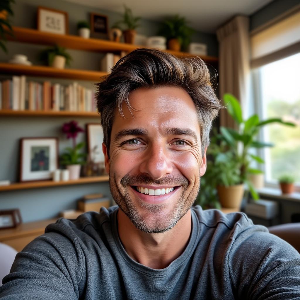 Create a highly realistic selfie of a man resembling James Norton, featuring him in a cozy, well-decorated room. The lighting should be warm and inviting, with soft natural light streaming through a window, casting gentle shadows. Capture him at a slight angle, showcasing a friendly smile and a relaxed expression. The room should be filled with personal touches like bookshelves, artwork, and indoor plants, all contributing to a homely atmosphere. Emphasize the high-quality details in his facial features and the textures of the surroundings, aiming for a lifelike representation that conveys warmth and personality.