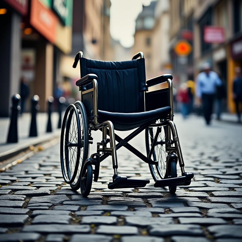 Create a highly detailed image of a manual wheelchair positioned in an urban environment that visually conveys its challenges. The wheelchair should be depicted on an uneven cobblestone path, highlighting obstacles like cracks and small curbs. Use dramatic lighting, with shadows casting across the ground to emphasize the wheelchair's struggle against the terrain. The composition should focus on the wheelchair in the foreground, with a blurred background that suggests a bustling city, adding context to the difficulty of navigating such a space. Employ a realistic style with high resolution and rich textures to convey the intricacies of the wheelchair's design and the environment around it.