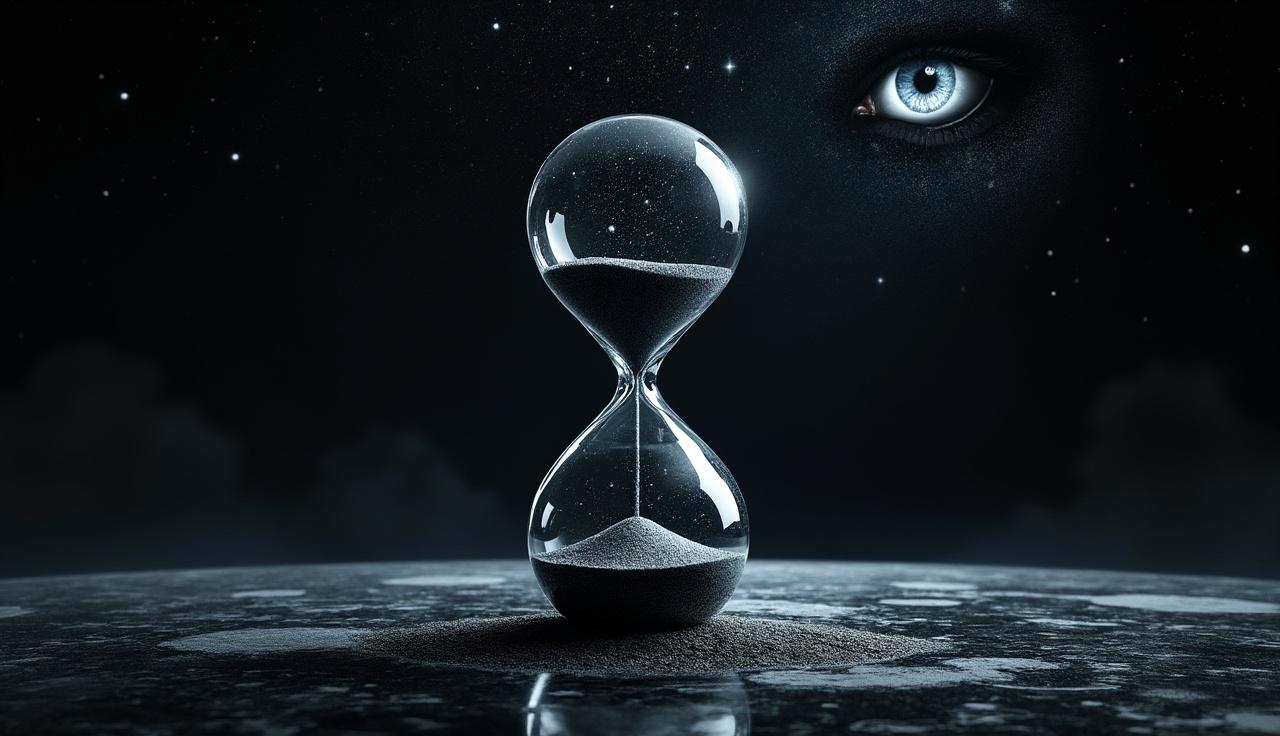 Create a hyper-realistic image of a solitary, ancient hourglass crafted from dark, almost black obsidian. The hourglass should feature intricate details, emphasizing its smooth and reflective surfaces. Inside, the sand is a swirling vortex of cosmic dust and faint starlight, flowing in reverse or in no discernible direction, creating a mesmerizing effect. Position the hourglass on a dark, reflective surface that mirrors a faint, questioning human eye from above, adding an element of intrigue. The background should be an infinite, starless void, enhancing the sense of isolation and mystery. The overall composition should evoke a cinematic, abstract symbolism with a deep philosophical mood, using dramatic lighting to highlight textures and reflections.