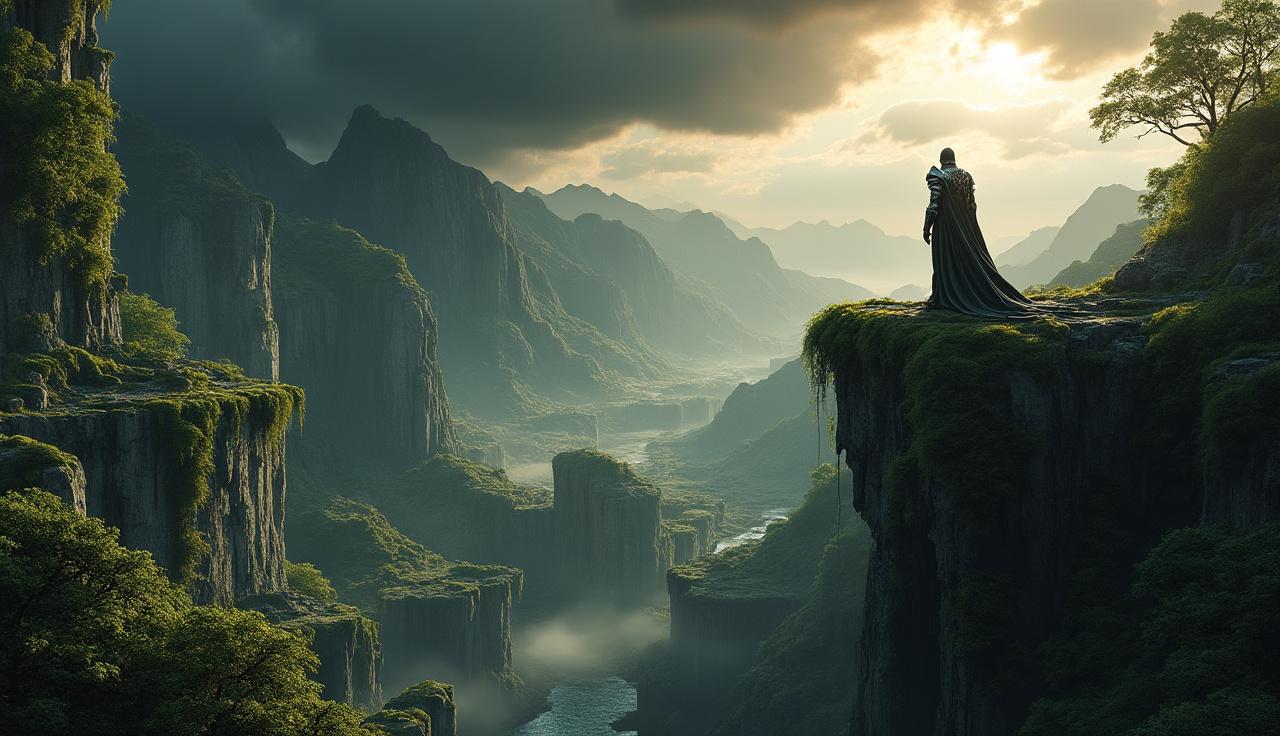 Create an ultra-realistic cinematic 4K landscape inspired by Elden Ring, featuring vast ancient ruins adorned with lush moss and entwined vines. In the background, depict misty mountains shrouded in atmospheric depth, with glowing sunlight dramatically piercing through dark, ominous storm clouds. Position a lone knight in intricate armor atop a rugged cliff, gazing out over a forgotten kingdom. Emphasize detailed stone textures and an epic fantasy ambiance, utilizing volumetric lighting to enhance depth and mood. Incorporate a cinematic composition with a shallow depth of field, ensuring photorealistic rendering in 8K quality. This artwork should evoke the high-concept styles of Greg Rutkowski and Raphael Lacoste.