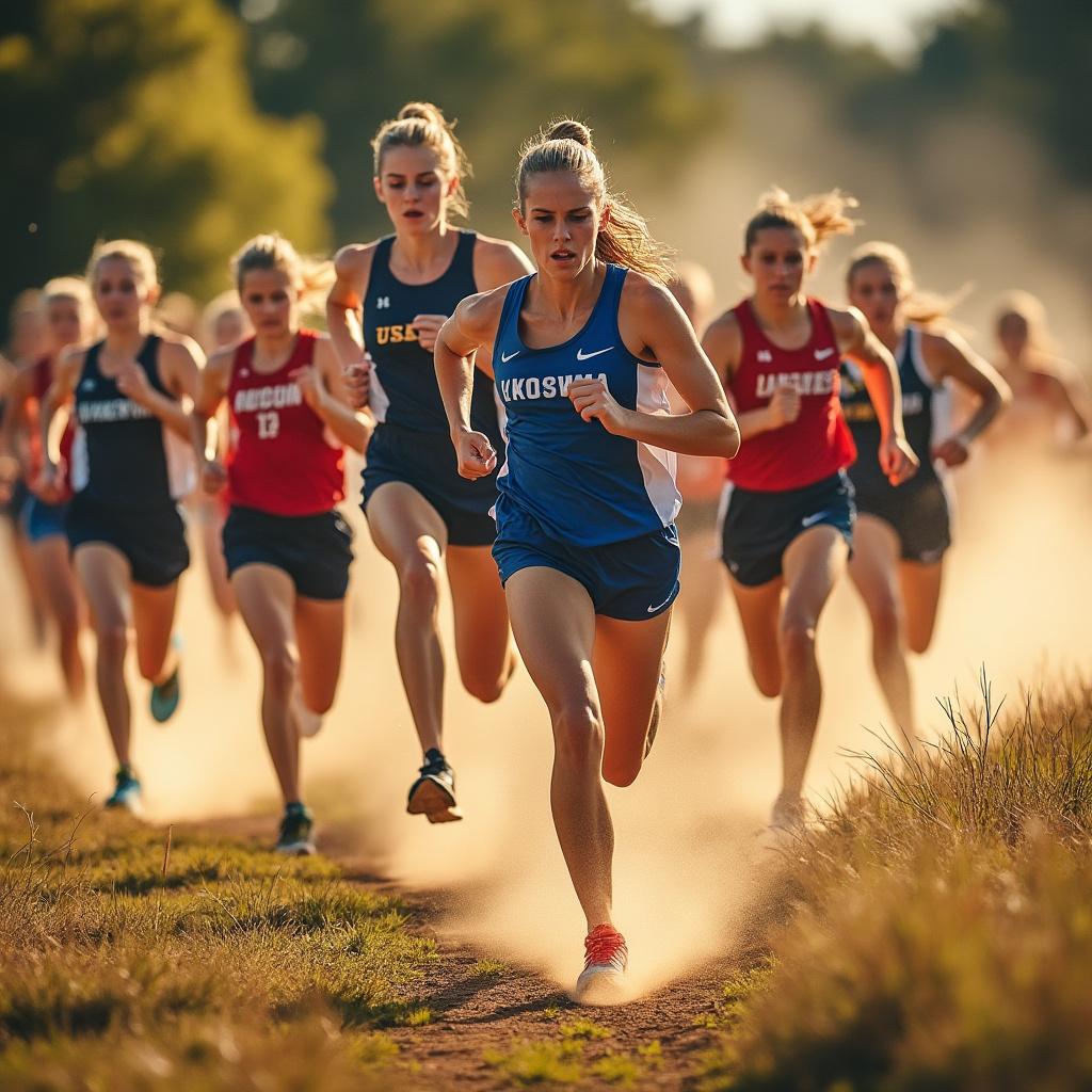 Create an intense and dynamic image of a cross-country team in action, capturing the energy and spirit of competition. The scene should be set in a vibrant outdoor environment, with a sunlit backdrop that highlights the athletes' determined expressions. Utilize a high-contrast color palette to emphasize the movement and intensity, incorporating warm tones that evoke a sense of heat and excitement. Focus on a wide-angle composition that showcases multiple runners in mid-stride, with dust and grass flying around them to enhance the feeling of speed. Aim for a realistic yet slightly stylized approach, reminiscent of sports photography, with sharp details and a slightly blurred background to convey motion. The final image should convey an exhilarating atmosphere, embodying the essence of athleticism and teamwork.