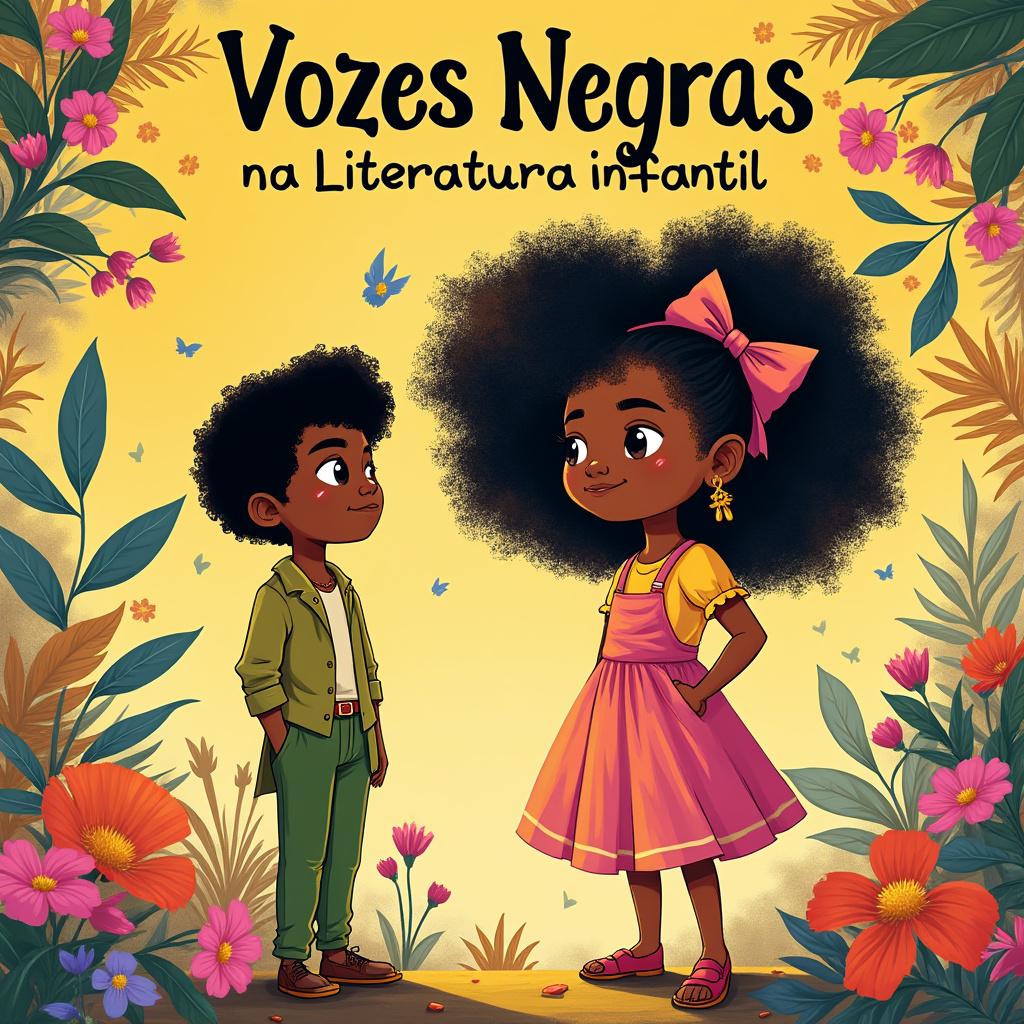 Create a vibrant banner featuring the phrase "Vozes Negras na Literatura Infantil." Incorporate an illustration of a Black Little Prince, characterized by his iconic outfit and thoughtful expression, alongside a beautiful girl adorned with a ribbon in her hair. The composition should be colorful and engaging, with a whimsical background that evokes a sense of wonder and adventure. Use soft, warm lighting to enhance the inviting atmosphere, and ensure the text is prominently displayed in an artistic font that complements the illustrations. Aim for a high-quality, visually striking design that celebrates diversity in children's literature.