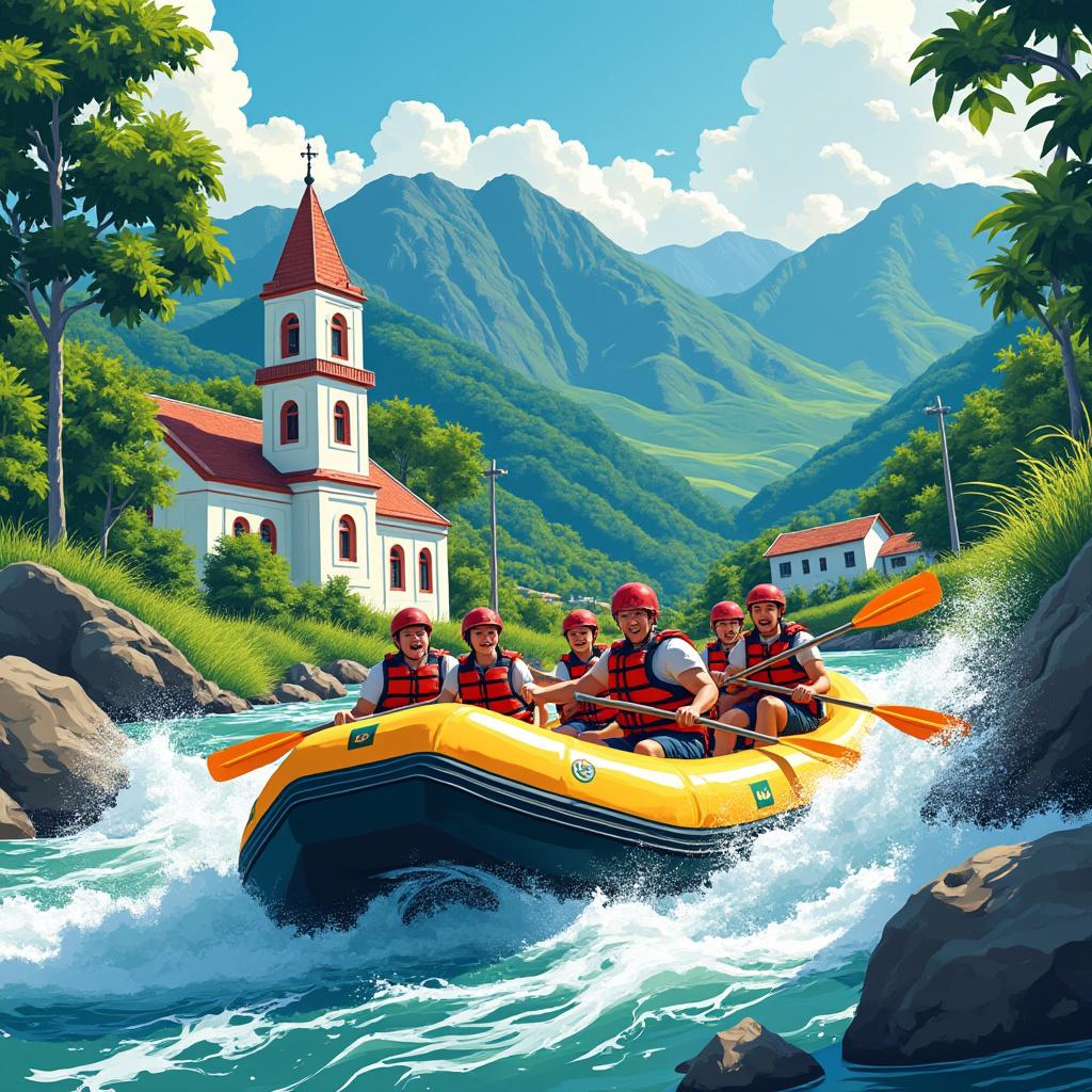 Create a vibrant illustration of a picturesque Colombian village nestled among lush green mountains. In the background, showcase the majestic peaks with varying shades of green and hints of sunlight filtering through the clouds. Feature a charming colonial-style church with detailed architecture, including a bell tower and colorful accents, prominently positioned in the village. In the foreground, depict an exhilarating extreme rafting scene with a diverse group of adventurers navigating the rapids, capturing their expressions of thrill and excitement. Use dynamic lighting to highlight the movement of water and ensure a vivid, action-packed composition that conveys the energy of the scene.