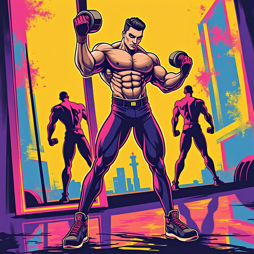 Create a vibrant and eye-catching shirt design featuring a muscular character from the waist up, showcasing a strong upper body. The character has slender legs from the waist down, striking a confident pose while looking into a mirror. He is holding a dumbbell in one hand, with a charming and suave expression on his face. The composition should highlight the contrast between the muscular upper body and the thin legs, set against a dynamic background that enhances the overall energy of the scene. Use bold colors and a modern graphic art style, ensuring high visual quality and clarity in the details.
