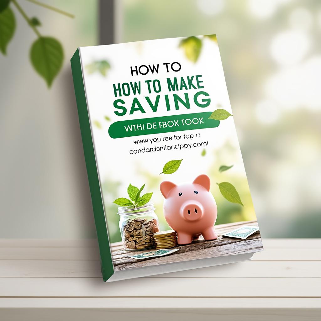 Create a visually appealing book cover design that conveys the theme of "How to Make Money by Saving." The layout should be clean and organized, featuring a harmonious color palette that evokes a sense of financial wisdom and optimism. Incorporate elements like a piggy bank, a stack of coins, or a savings jar to symbolize savings, along with subtle graphics representing growth, such as upward arrows or greenery. Use soft, warm lighting to create an inviting atmosphere. The title should be prominently displayed in an elegant font, ensuring readability. Aim for a modern, minimalistic style that resonates with both practicality and aspiration, delivering a high-quality, eye-catching finish.