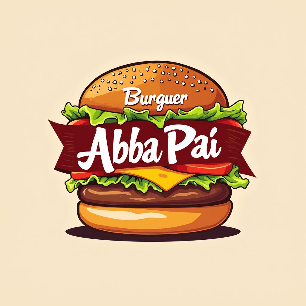 Create a vibrant and modern logo for a burger restaurant named "Burguer Abba Pai." The design should feature a stylized burger icon, emphasizing fresh ingredients like lettuce, tomato, and cheese, with bold, playful typography for the restaurant name. Use a color palette of warm tones, such as deep reds and golds, to evoke a sense of appetite and warmth. Incorporate a subtle vintage flair to reflect a welcoming atmosphere. The composition should be clean and balanced, with the logo being easily recognizable and suitable for signage and branding. Aim for a high-resolution, professional quality finish.