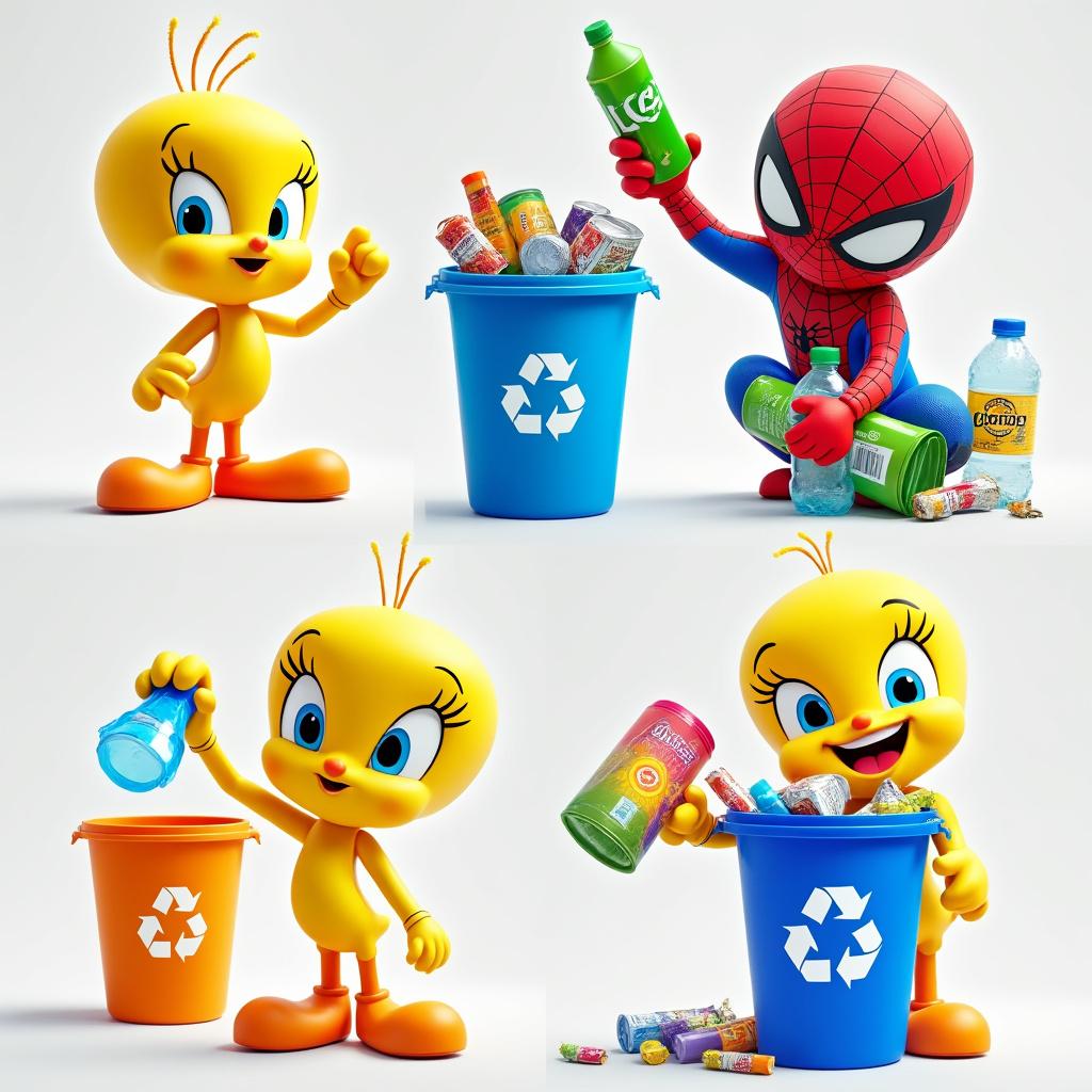 Create a series of vibrant, high-quality images featuring animated characters inspired by iconic designs such as Tweety Bird and Spider-Man. Each character should be interacting with a specific colored recycling bin, executing the action of disposing of an object that matches the bin's color. Ensure that each image is individually composed, showcasing a clear focus on the character and the recycling bin, with dynamic poses that convey motion. Use bright, engaging colors and playful cartoonish styles, with soft, diffused lighting to enhance the cheerful atmosphere. Provide one distinct image for each recycling bin color, highlighting the character's personality and the environmental theme effectively.