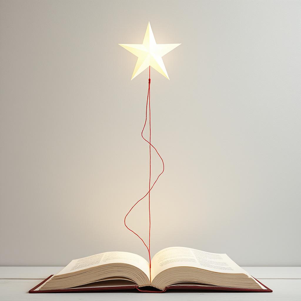 Create a realistic image depicting a bright star positioned at the top center of the frame, delicately connected by a thin red thread to an open book below. The background should feature a soft white texture resembling paper, enhanced by gentle, natural lighting that creates a serene atmosphere. Ensure a sharp focus on the star, the thread, and the book, showcasing their intricate details. The composition should be minimalistic and harmonious, embodying a photographic style with high resolution for clarity and depth.