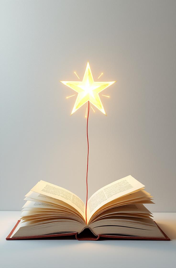 Create a hyper-realistic image of a bright star positioned centrally at the top of the frame, delicately connected by a thin red thread to an open book below. The background should feature a subtle, textured white paper that adds depth without distraction. Employ soft, natural lighting to enhance the ethereal quality of the star, ensuring a sharp focus on the star, the thread, and the book. The composition should be minimalistic and harmonious, embodying a photographic style with high resolution to capture intricate details.