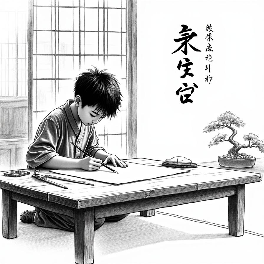 Create a hand-drawn pencil sketch in black and white that captures the essence of a Japanese boy practicing calligraphy. The scene should feature the boy seated at a traditional wooden table, deeply focused on his work, with a piece of paper in front of him. The paper should visibly show his last brush stroke extending slightly beyond the intended line, symbolizing the concept of “a little more” or “poco.” 

Emphasize a calm and reflective mood with soft, diffused lighting that creates gentle shadows, enhancing the texture of the graphite pencil strokes. The composition should evoke a traditional Japanese atmosphere, incorporating elements like a simple background with minimalistic decor, perhaps a faint outline of shoji screens or a bonsai tree in the distance. 

Ensure the line work is detailed with varied shading that conveys depth and emotion, while strictly avoiding any kanji symbols or invented characters. The final illustration should tell a story through imagery alone, focusing on the boy's concentration and the subtle message of striving for