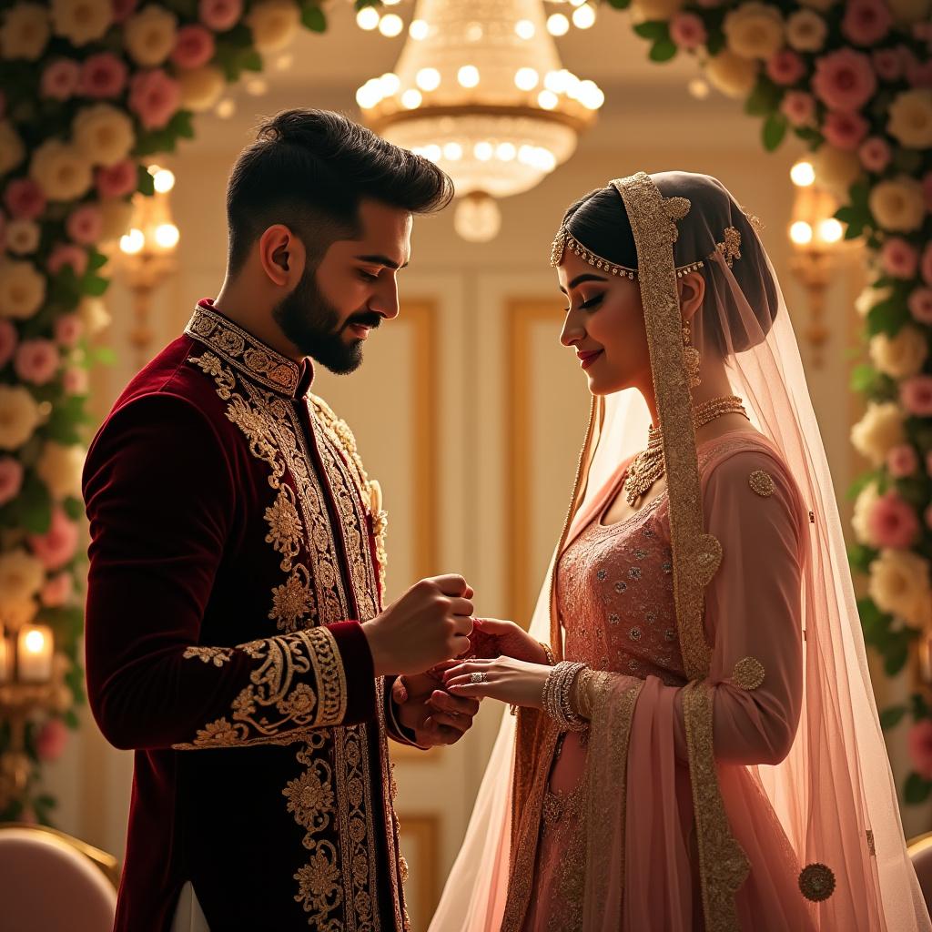 Create an ultra-realistic engagement portrait featuring a couple with the same exact facial expressions as in the reference photos. The man, positioned at a respectful distance, is gently placing a diamond ring on the woman’s hand, exuding dignity and grace. He wears a deep maroon sherwani adorned with intricate golden embroidery and a cream churidar, projecting confidence and composure. The woman is dressed in a royal light pink lehenga embellished with gold accents, complemented by a matching dupatta gracefully draped over her head. Her look is completed with modest jewelry and soft, natural makeup. Their body language reflects warmth and respect, maintaining appropriate Islamic distance except during the ring exchange. 
The background features luxurious indoor engagement decor, illuminated by soft golden lighting, with chandeliers, a floral arch, and elegant drapes enhancing the scene. The atmosphere is serene and emotional, capturing a royal Islamic ambiance. The style is ultra-realistic 4K portrait photography, utilizing cinematic lighting and golden tones, with a b